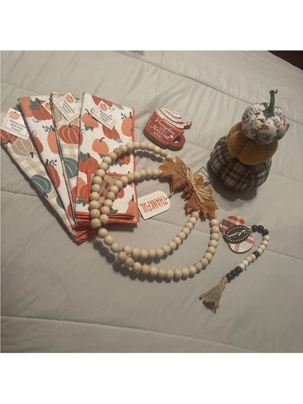 Lot of fall decorations Neutral Wood Beaded Garland towels